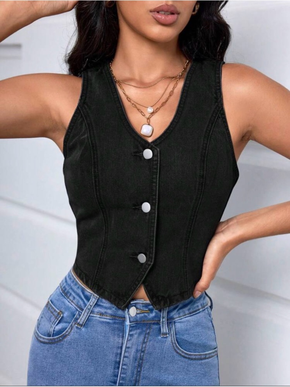 Black Sleeveless Button Front Corset Top - Unbranded